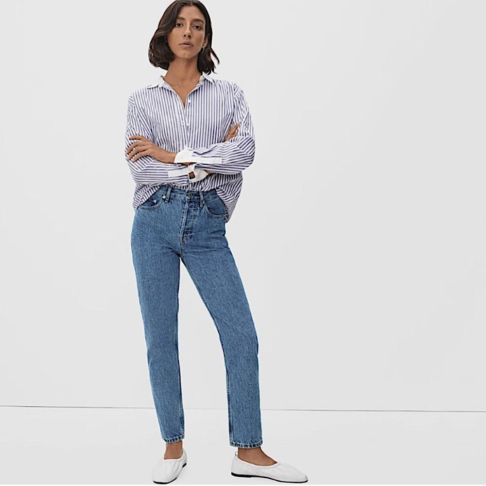 EVERLANE The‎ Cheeky Jean Blue Crop Button Fly High Rise Size 26 Medium Wash